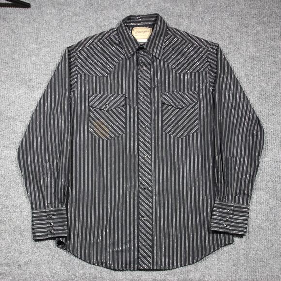 Wrangler Western Button Down Shirt Men M Black Striped Silver Threads Pearl Snap - Picture 3 of 8